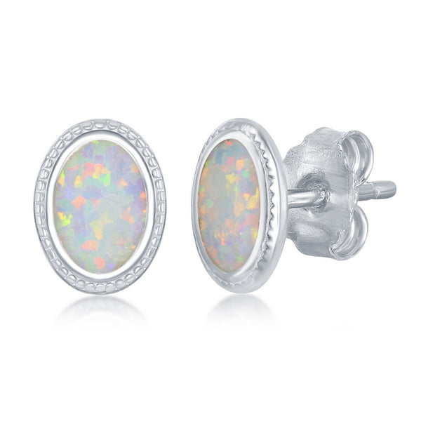 Sterling Silver Oval White Inlay Opal Studded Border Stud Earrings
