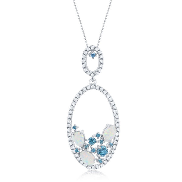 Sterling Silver Double Oval White Opal with Blue and White CZ Pendant