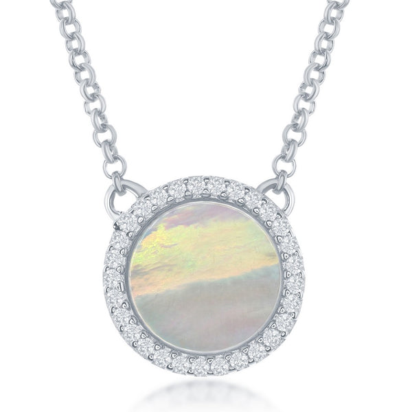 Sterling Silver Round MOP with CZ Border Necklace