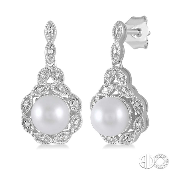 Sterling Pearl and Diamond Dangle Earrings