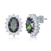 Sterling Silver Oval Rainbow CZ with Clear CZ Border Stud Earrings