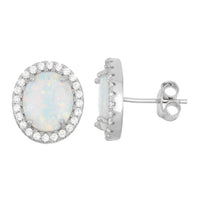 Sterling Silver White Inlay Opal Oval with CZ  Halo Stud Earrings