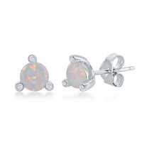 Sterling Silver Three-Prong CZ & Round White Opal Stud Earrings