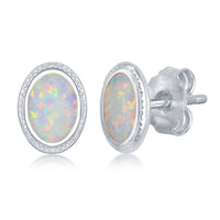 Sterling Silver Oval White Inlay Opal Studded Border Stud Earrings