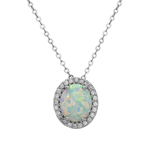 Sterling Silver White Inlay Opal Oval with Cubic Zirconia Border Pendant