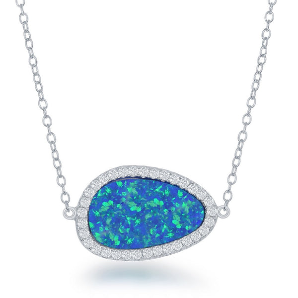 Sterling Silver Blue Inlay Opal with CZ Border Necklace