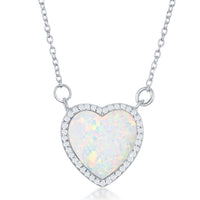 Sterling Silver White Inlay Opal Heart with CZ Border Necklace