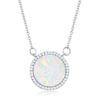 Sterling Silver White Inlay Opal Circle with Cz Border Necklace