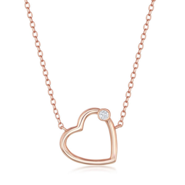 Sterling Silver Heart with Single CZ Necklace - Rose Gold Plated