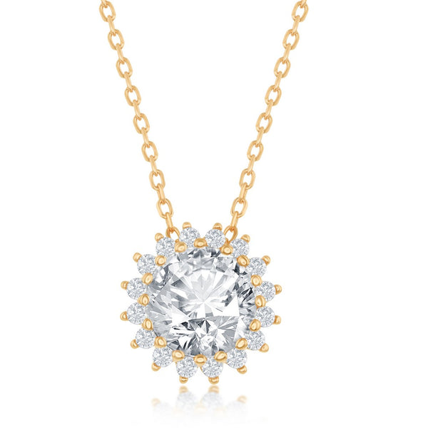 Sterling Silver Round Halo Flower CZ Necklace