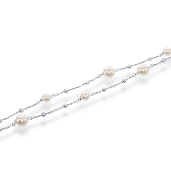 Sterling Silver Double Strand 8mm and 6mm Pearls with Moon Beads Bracelet
