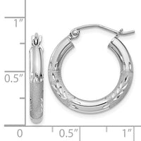 Sterling Silver Rhodium-plated 3mm Satin Diamond Cut Hoop Earrings